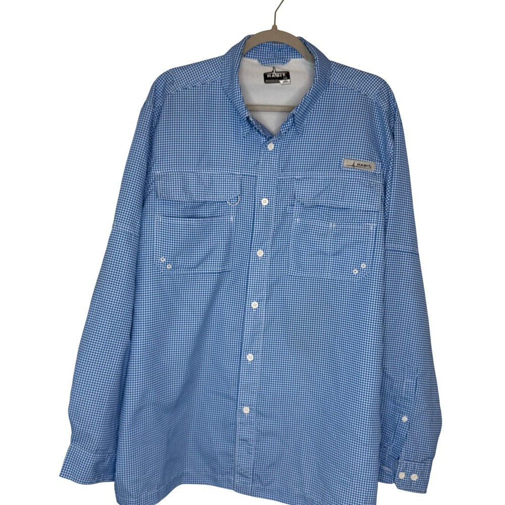 Habit Mens Blue Gingham‎ Long Sleeve Vented Fishing Shirt UPF 40+ Large L